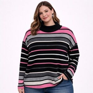 Talbots Pink, Black, and Gray Striped mock neck Sweatshirt w/ pockets. EUC